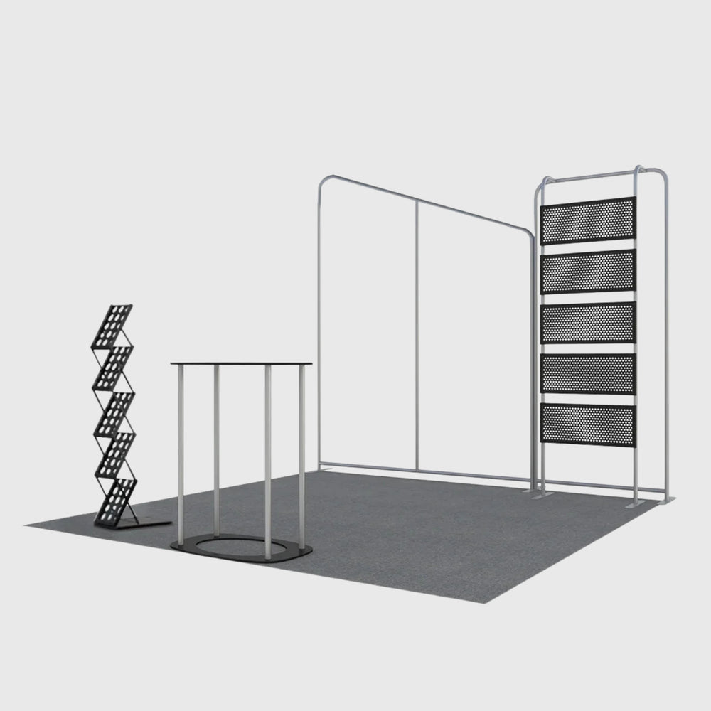 10x10 Booth Kit with Inclined Wall, Pegboard Shelving & Roll-Up