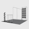 10x10 Booth Kit with Inclined Wall, Pegboard Shelving & Roll-Up