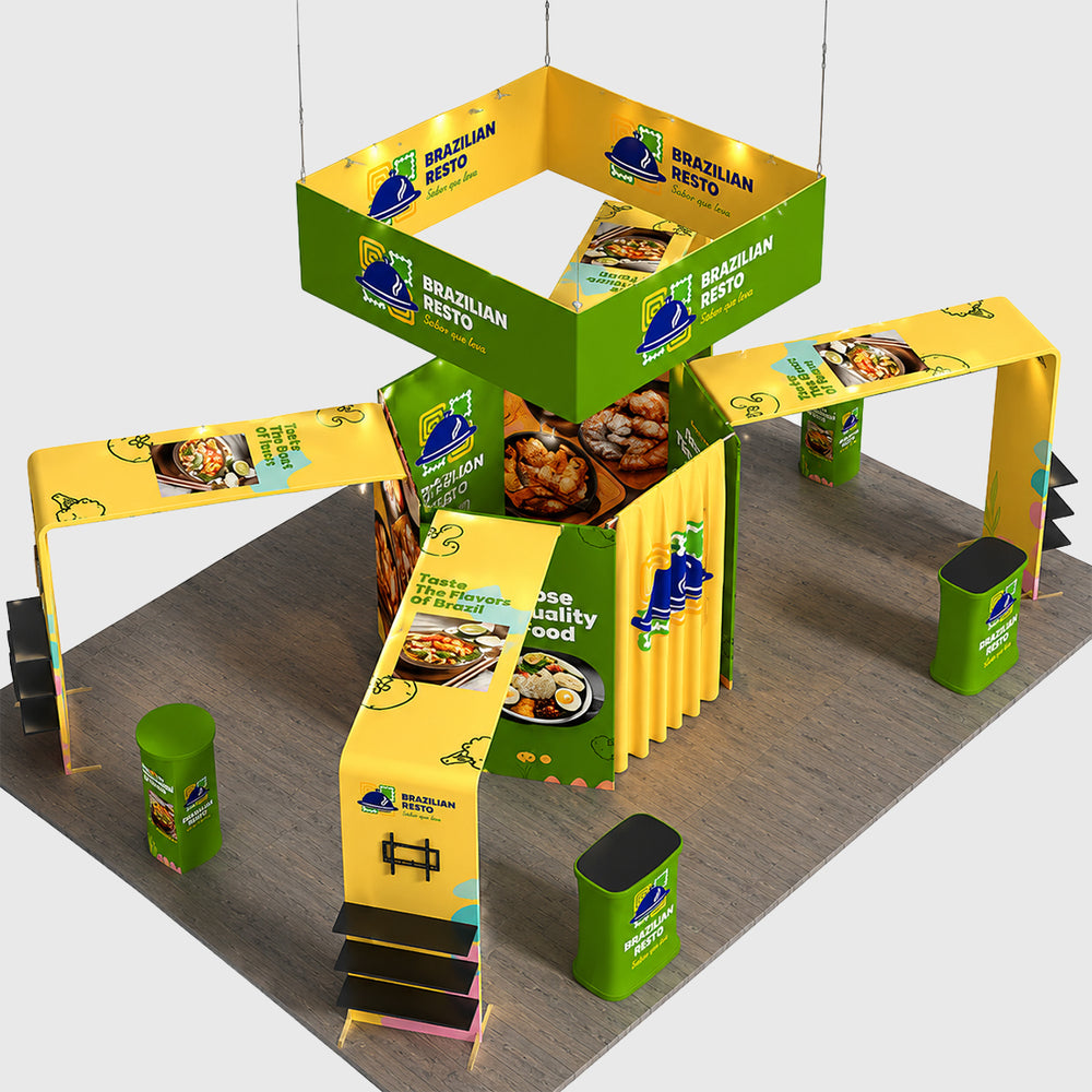 30x20 Island Booth Kit with Hexagon Lounge Shelving & 4 Counters