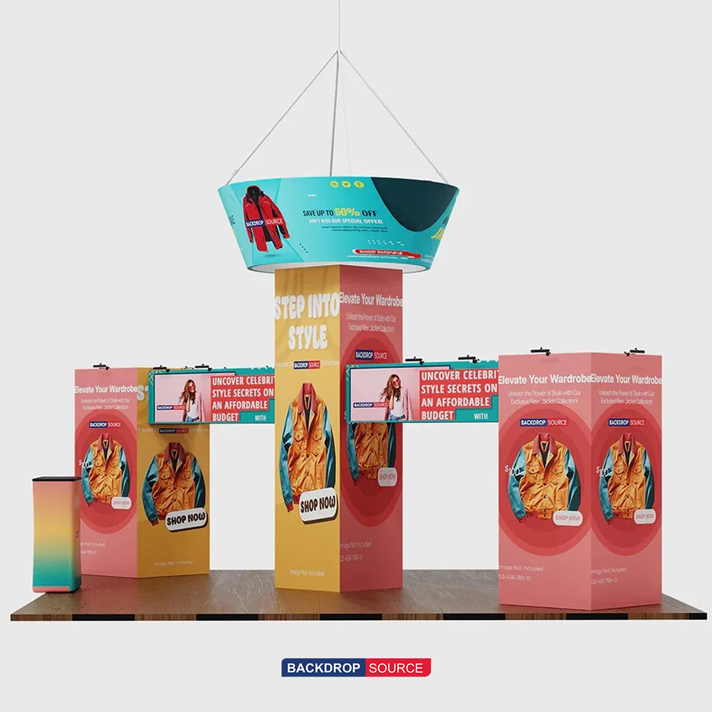 30x20 Cubic Tower Booth Kit with Hanging Banner & 2 Counters