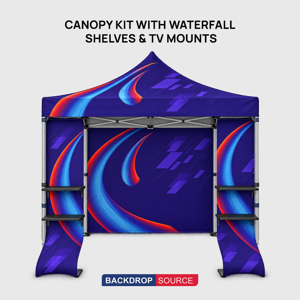 10ft x 10ft Fabric Canopy Kit with Waterfall Shelves & TV Mounts