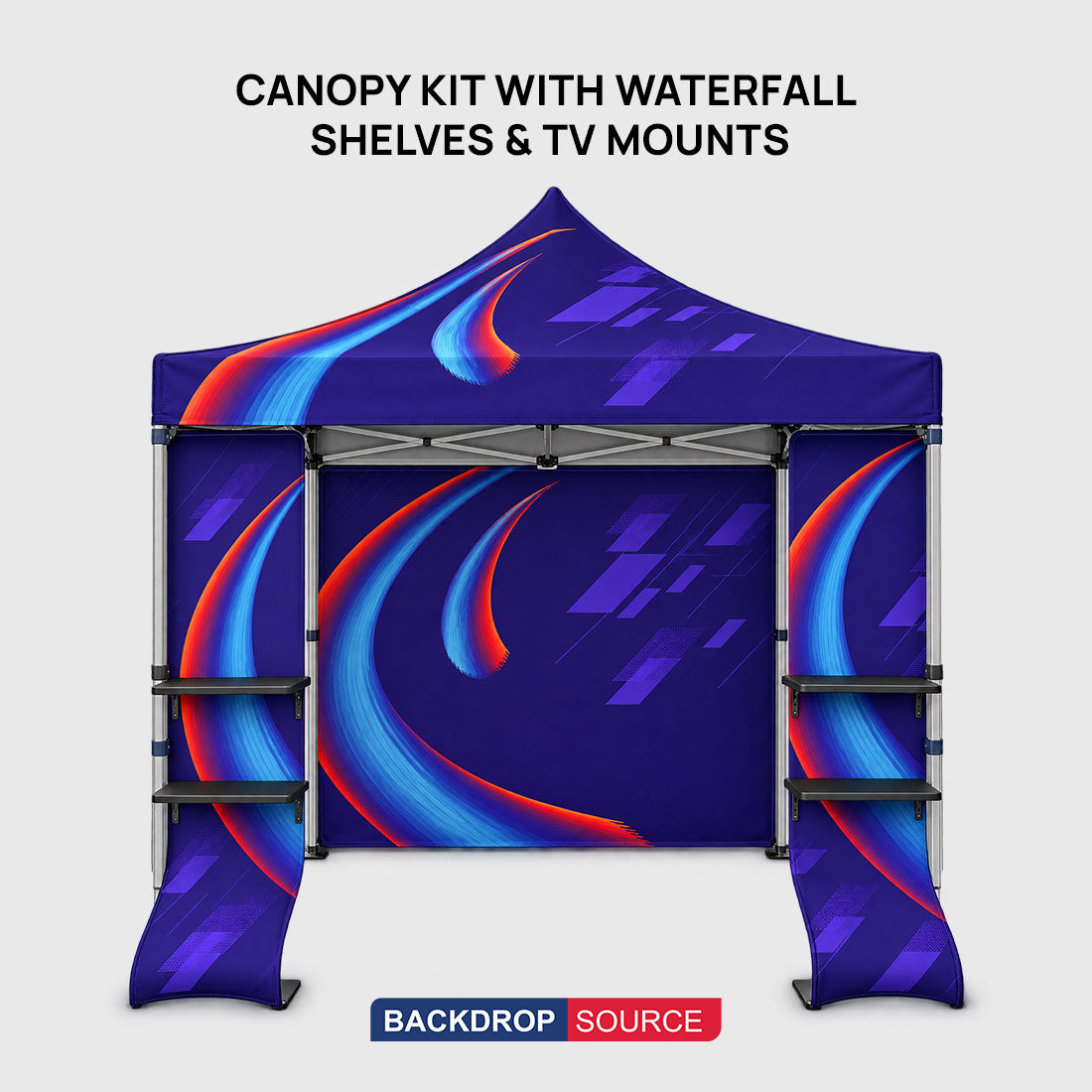 10ft x 10ft Fabric Canopy Kit with Waterfall Shelves & TV Mounts