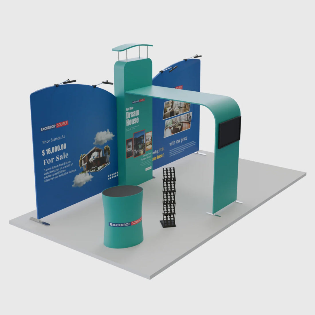 Fond incliné droit 20x10 avec mur 3D et kit d'exposition en forme d'arche 