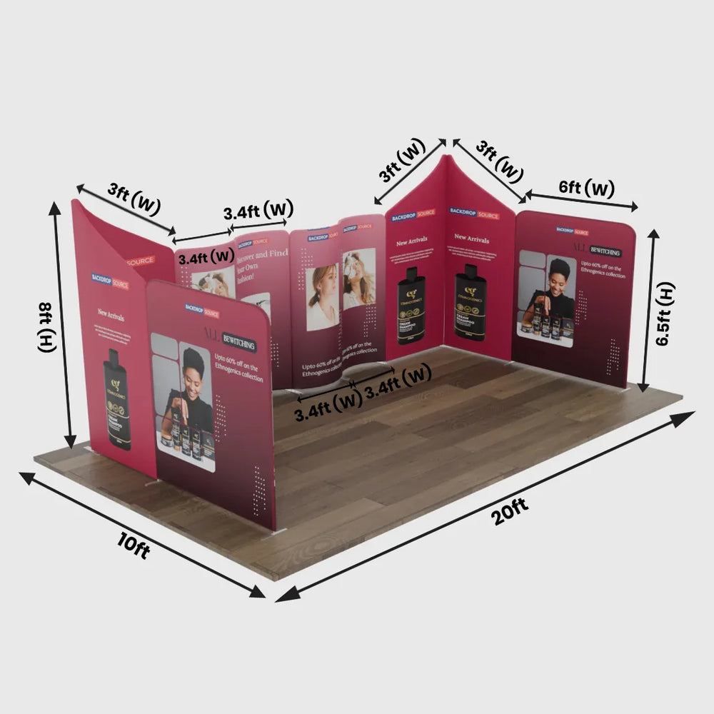 20x20 Magnetic Fabric Booth Wall with 10 Curved & Slope Panels