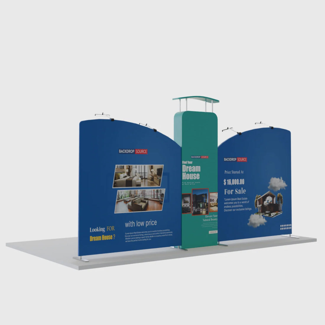 Fond incliné droit 20x10 avec mur 3D et kit d'exposition en forme d'arche 