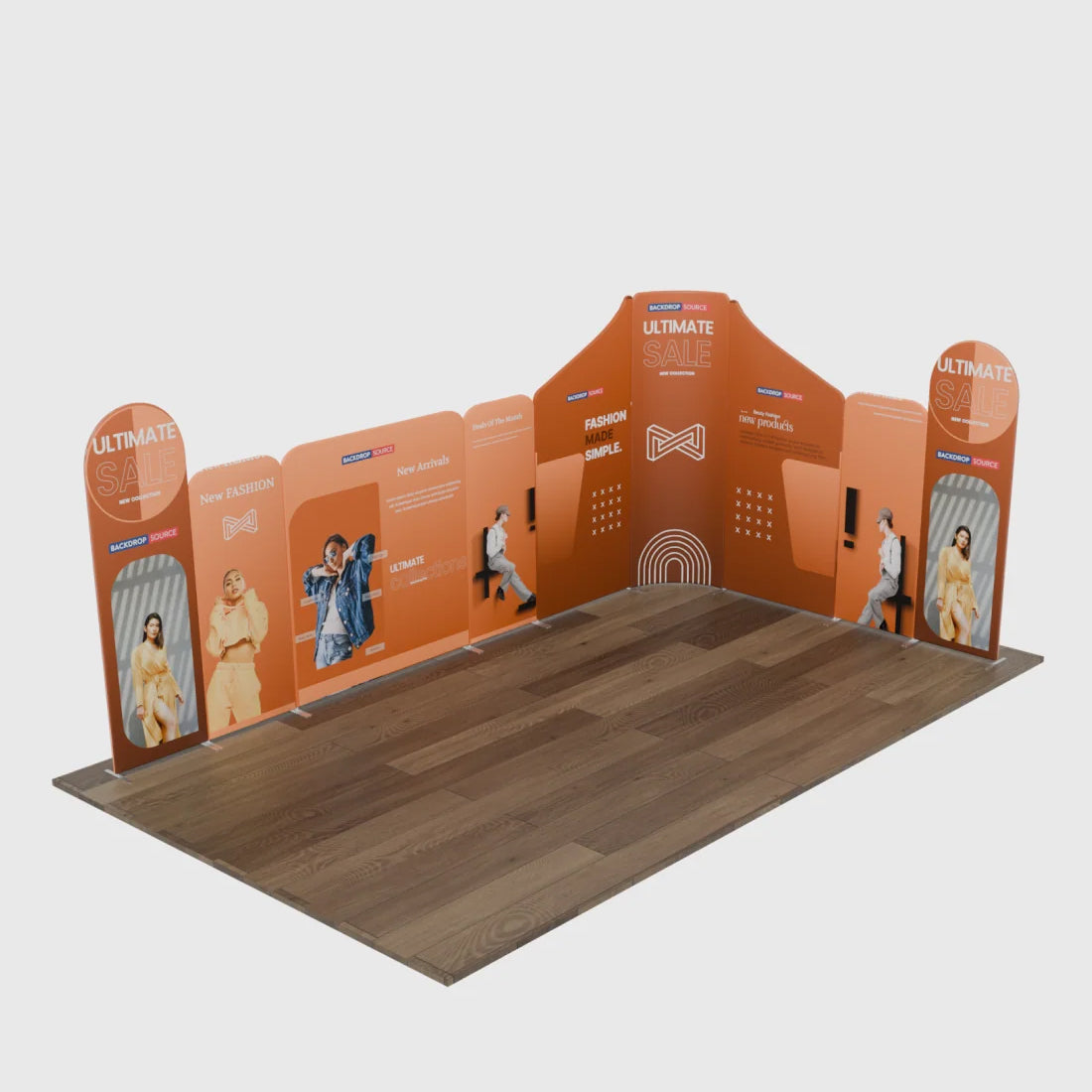 20x20 Magnetic Fabric Booth Wall with Mixed Curved & Angled Panels