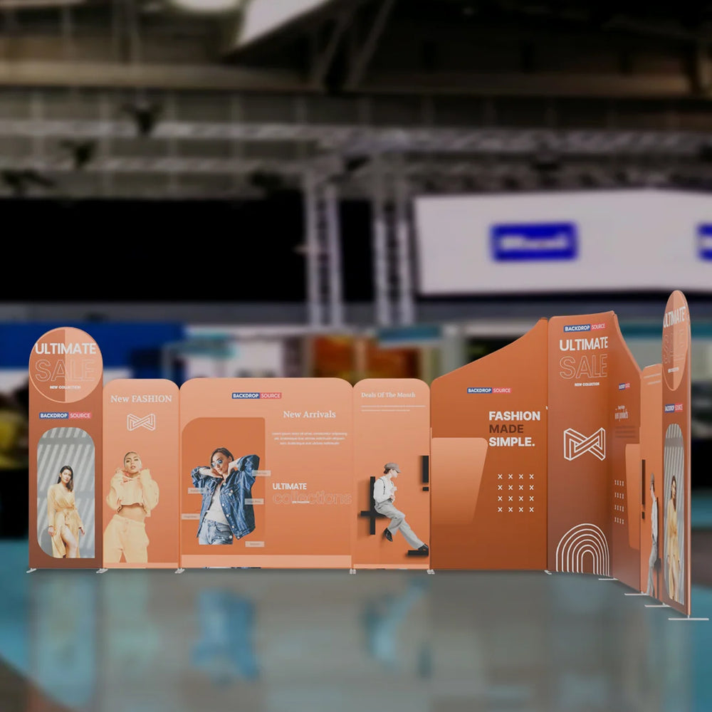 20x20 Magnetic Fabric Booth Wall with Mixed Curved & Angled Panels