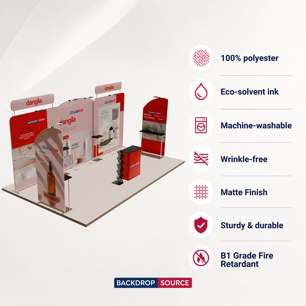 20x10 Booth Kit with Round-Top Backwall, Shelving & Counter