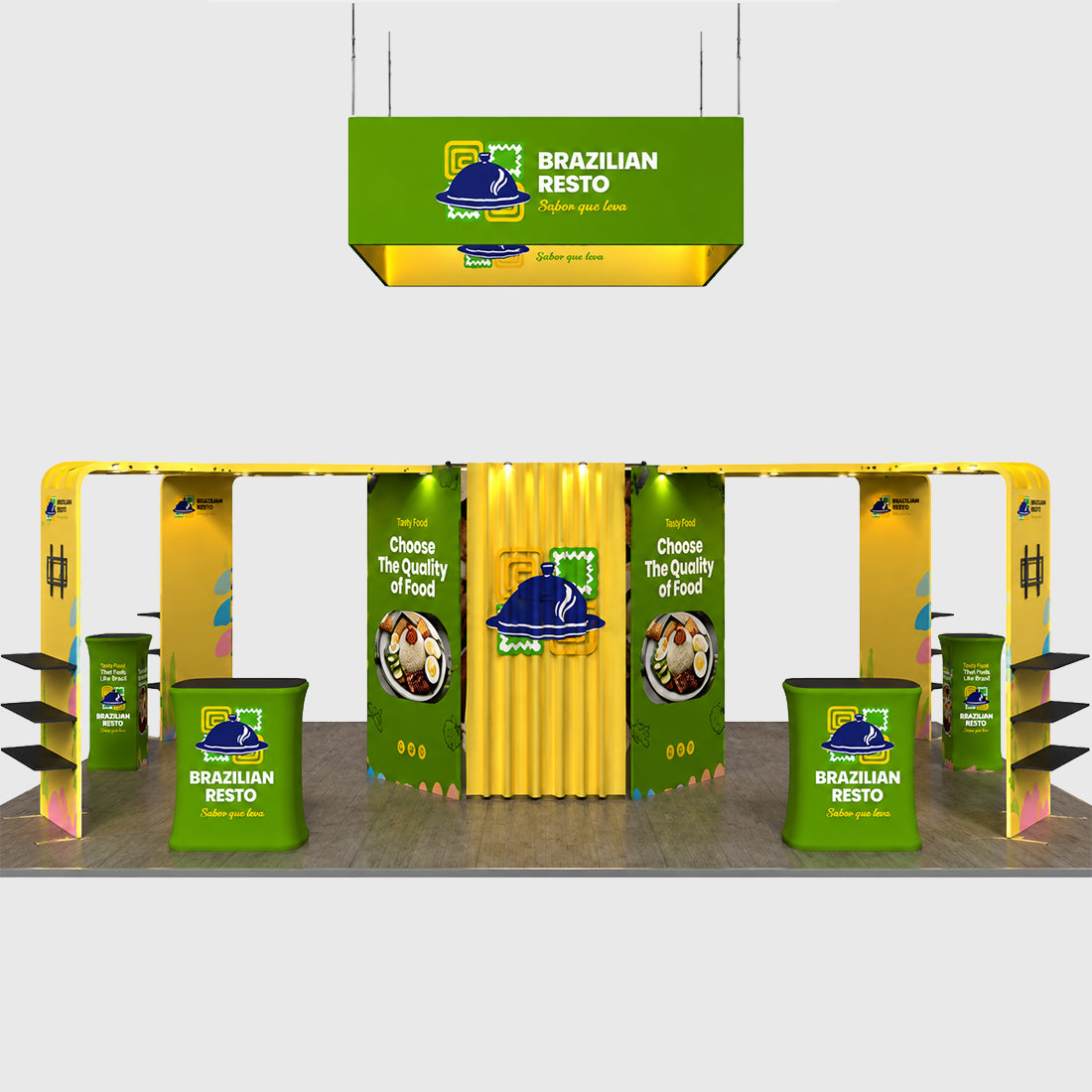30x20 Island Booth Kit with Hexagon Lounge Shelving & 4 Counters