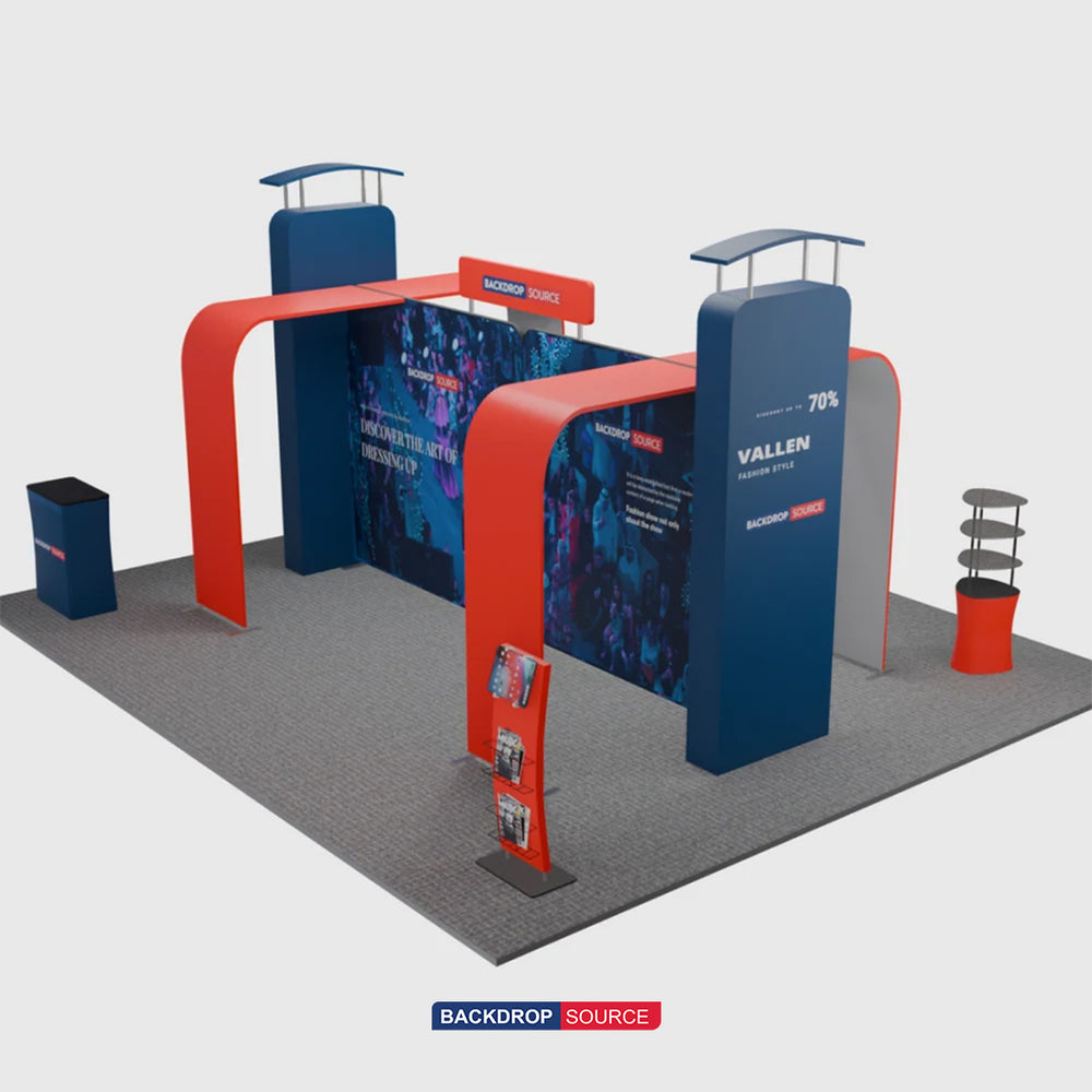 20x20 Booth Kit with 3D Media Walls, Arch Displays & 3 Counters