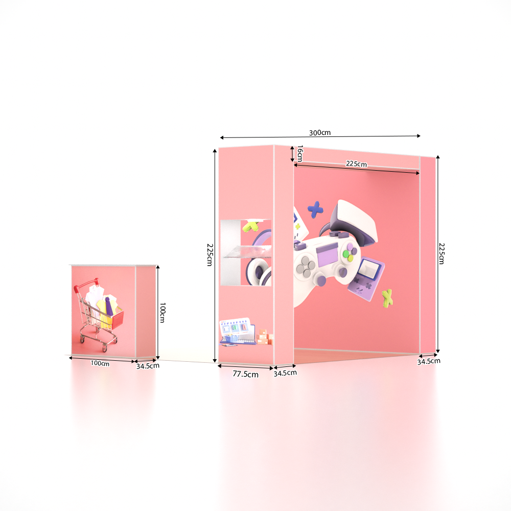 10x10 SEG Popup Booth with L-Arch Wall, LED Showcase & Counter