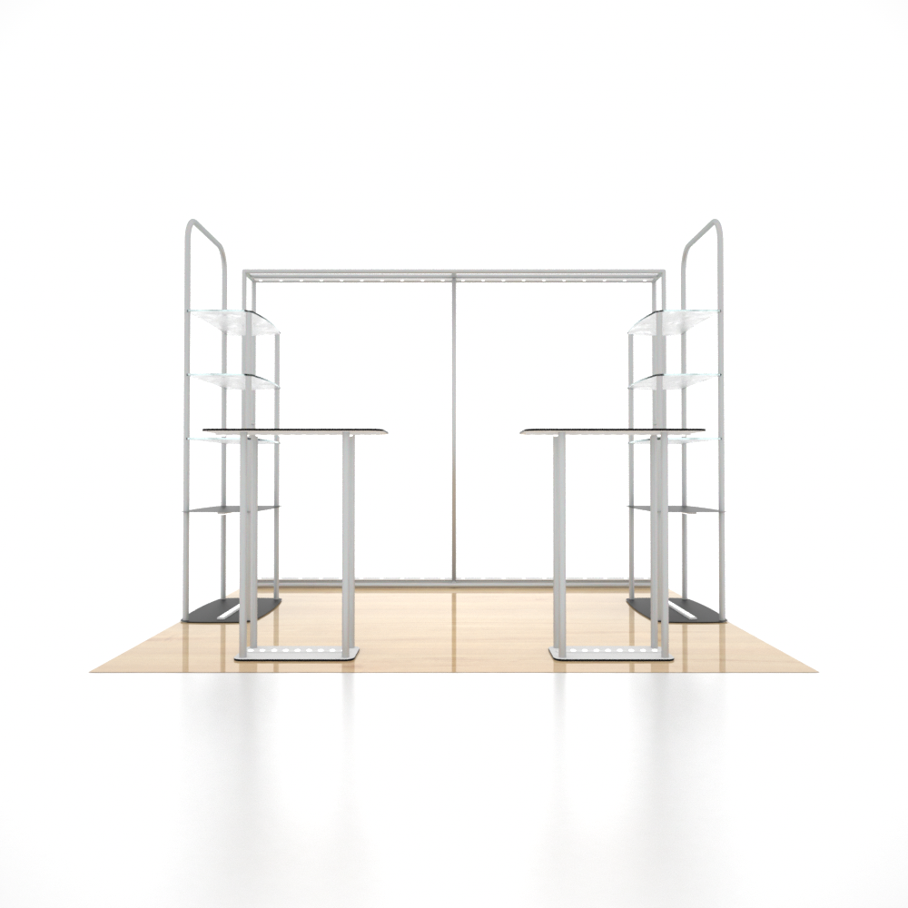 10x10 3D Media Wall Booth Kit with Acrylic Shelves & 4 Counters