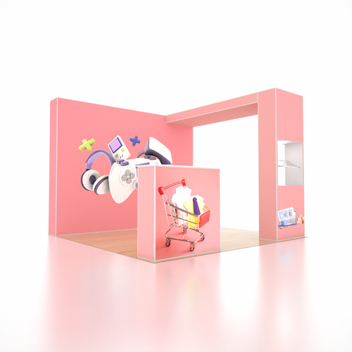 10x10 SEG Popup Booth with L-Arch Wall, LED Showcase & Counter