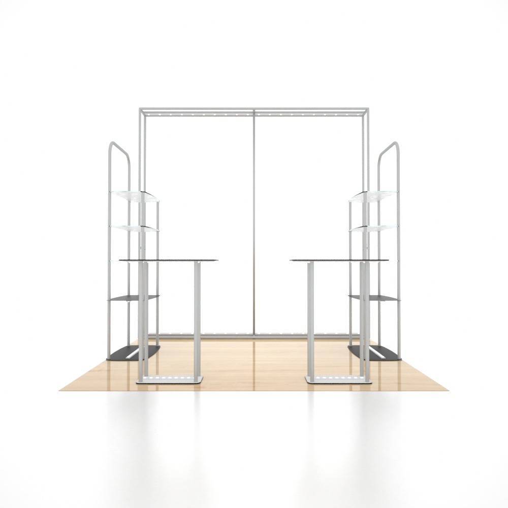 10x10 3D Media Wall Booth Kit with Acrylic Shelves & 4 Counters