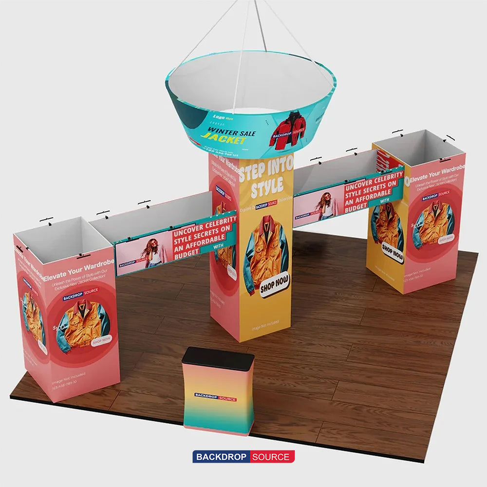 30x20 Cubic Tower Booth Kit with Hanging Banner & 2 Counters