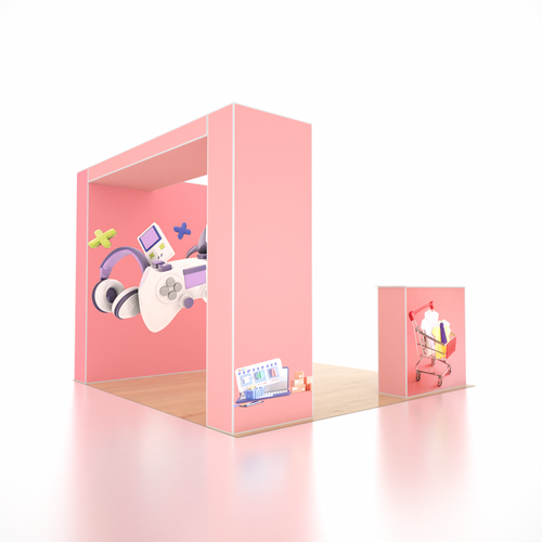 10x10 SEG Popup Booth with L-Arch Wall, 3 Showcases & Counter
