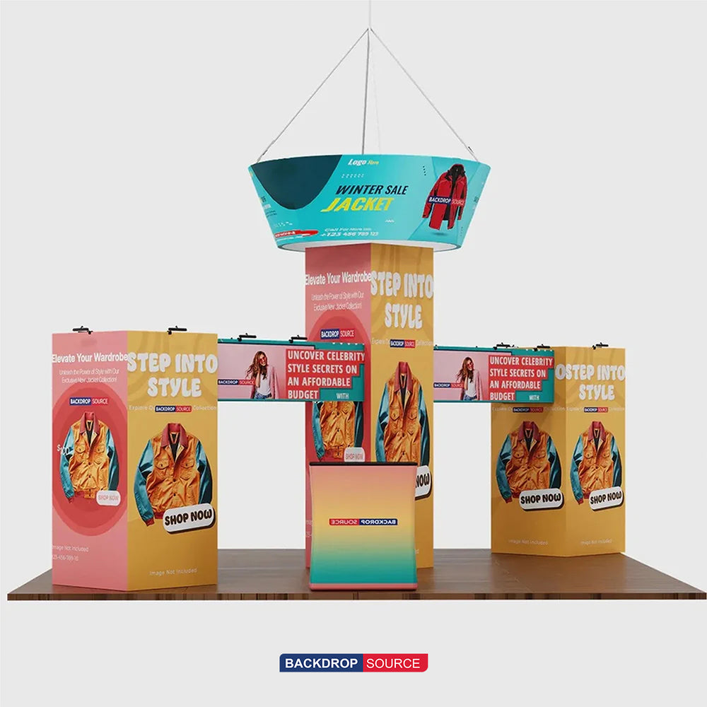 30x20 Cubic Tower Booth Kit with Hanging Banner & 2 Counters