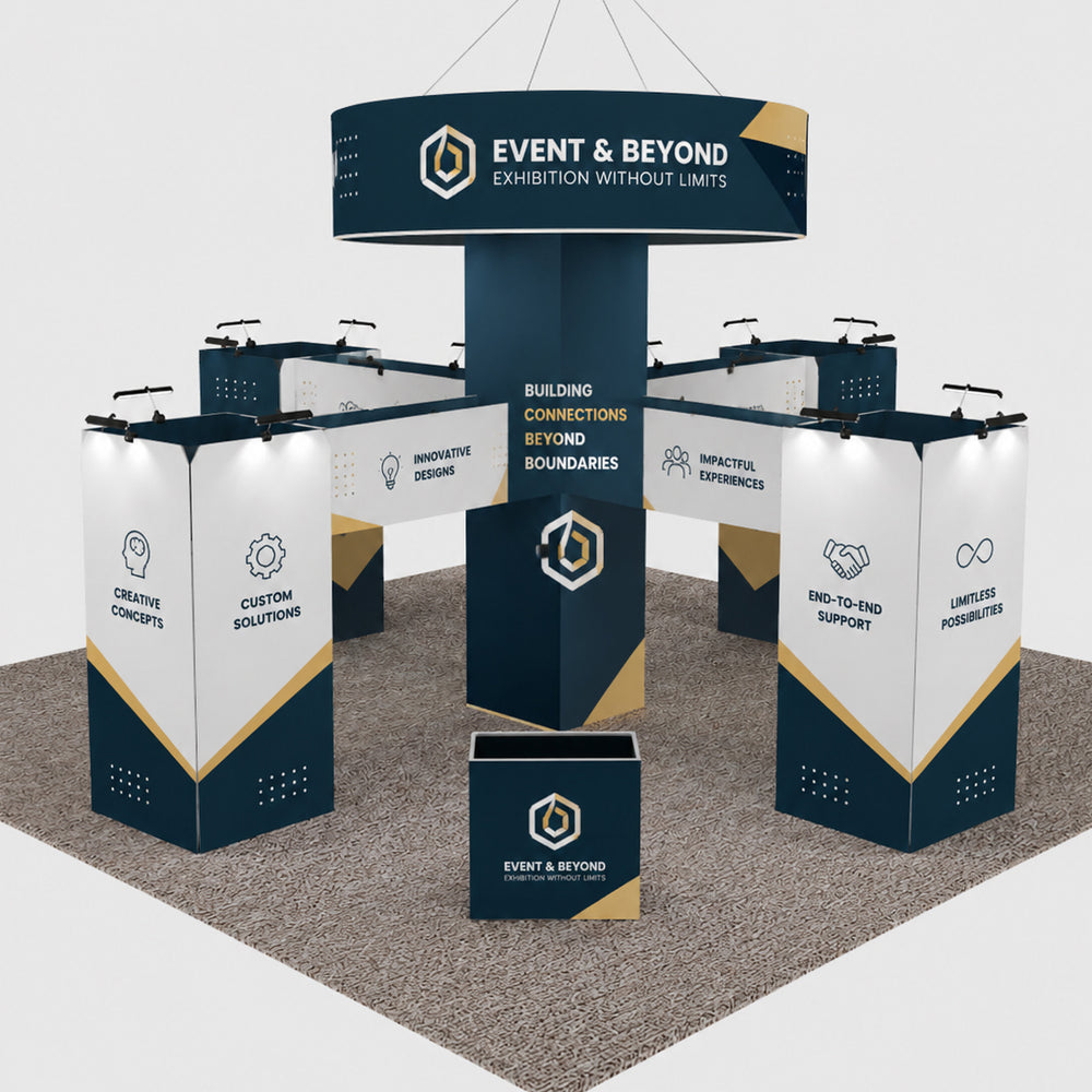 30x30 Cubic Tower Island Booth with Hanging Banner & Counters