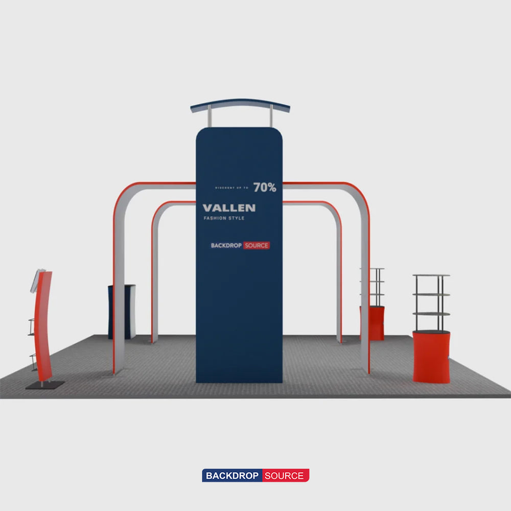 20x20 Booth Kit with 3D Media Walls, Arch Displays & 3 Counters