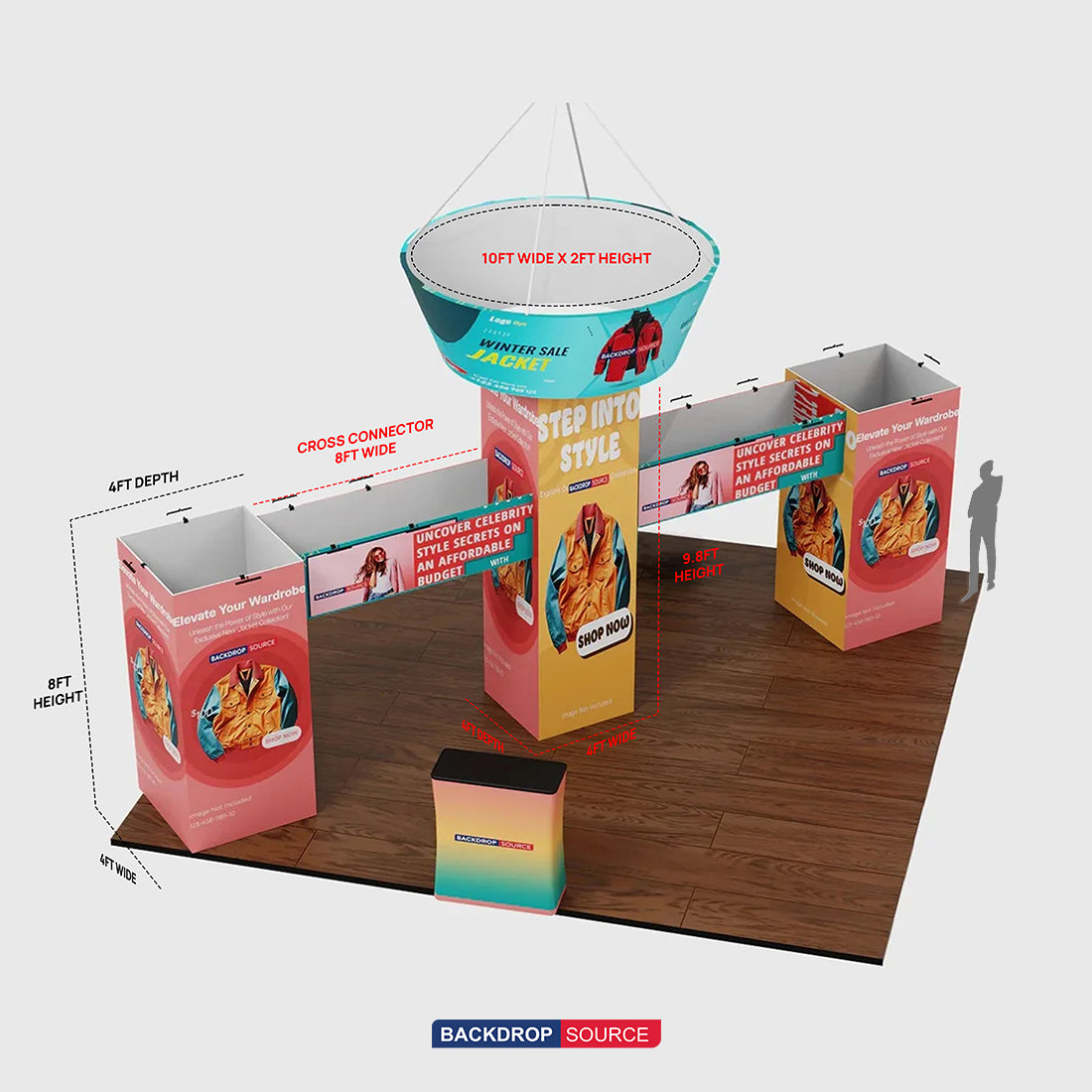 30x20 Cubic Tower Booth Kit with Hanging Banner & 2 Counters