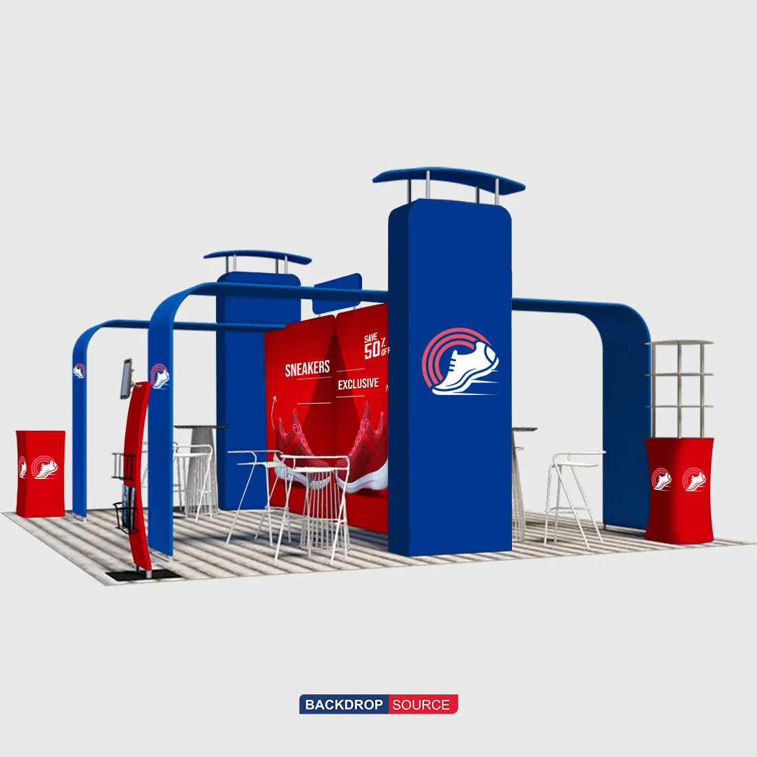 20x20 Booth Kit with 3D Media Walls, Arch Displays & 3 Counters