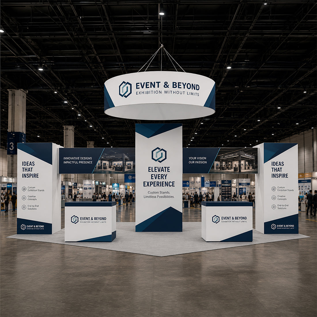 30x20 Cubic Tower Booth Kit with Hanging Banner & 2 Counters