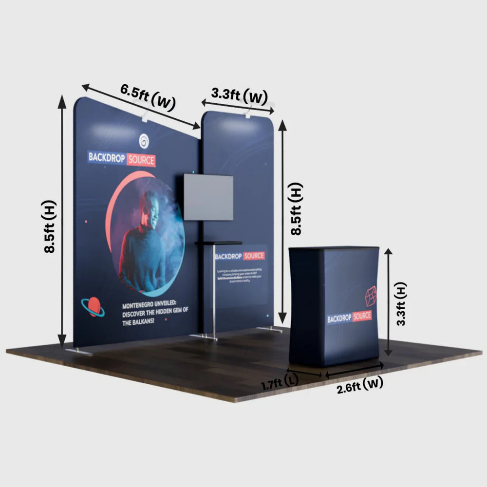 10x10 Booth Kit with Straight & Inclined Walls, Counter & TV Mount