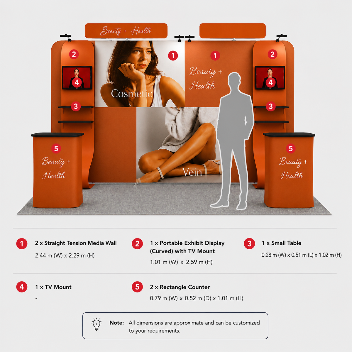 10x20 Booth Kit with 16ft Backwall, Curved TV Wall & 2 Counters