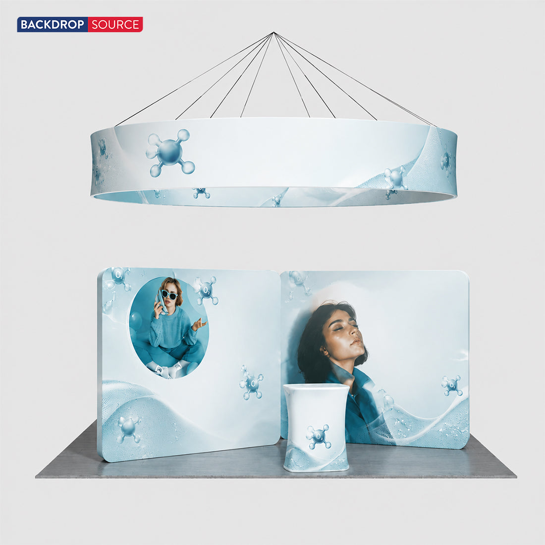 20x20 Island Booth with 3D Fabric Walls & Circular Hanging Sign