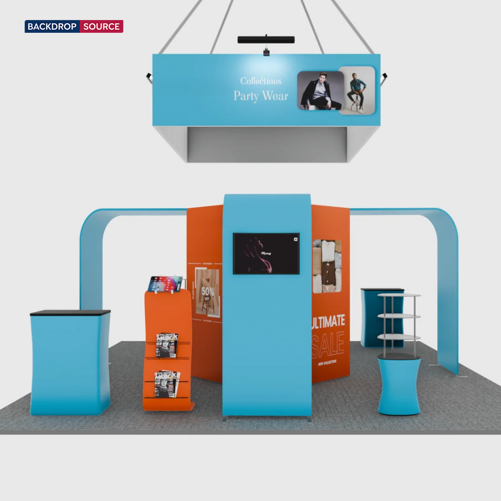 20x20 Island Booth with 8-Sided Tower, TV Arches & iPad Stands