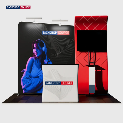10x10 Booth Kit with S-Curve Panel & Inclined Wall, Counter & TV