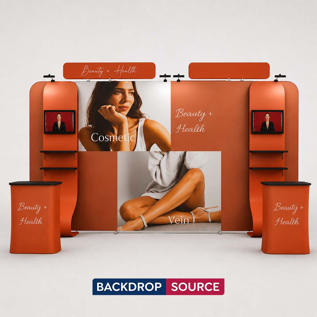10x20 Booth Kit with 16ft Backwall, Curved TV Wall & 2 Counters