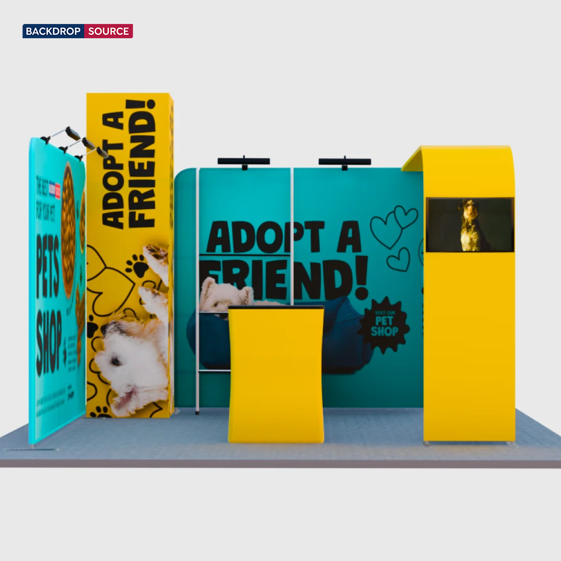 20x20 Booth Kit with Tension Walls, Cubic Tower & TV Arch