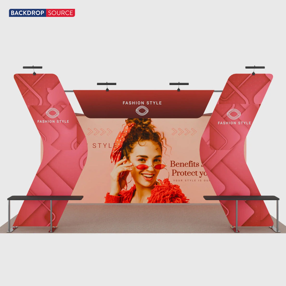 20x10 Booth Kit with 20ft Backwall, V-Shape Shelving & Sign