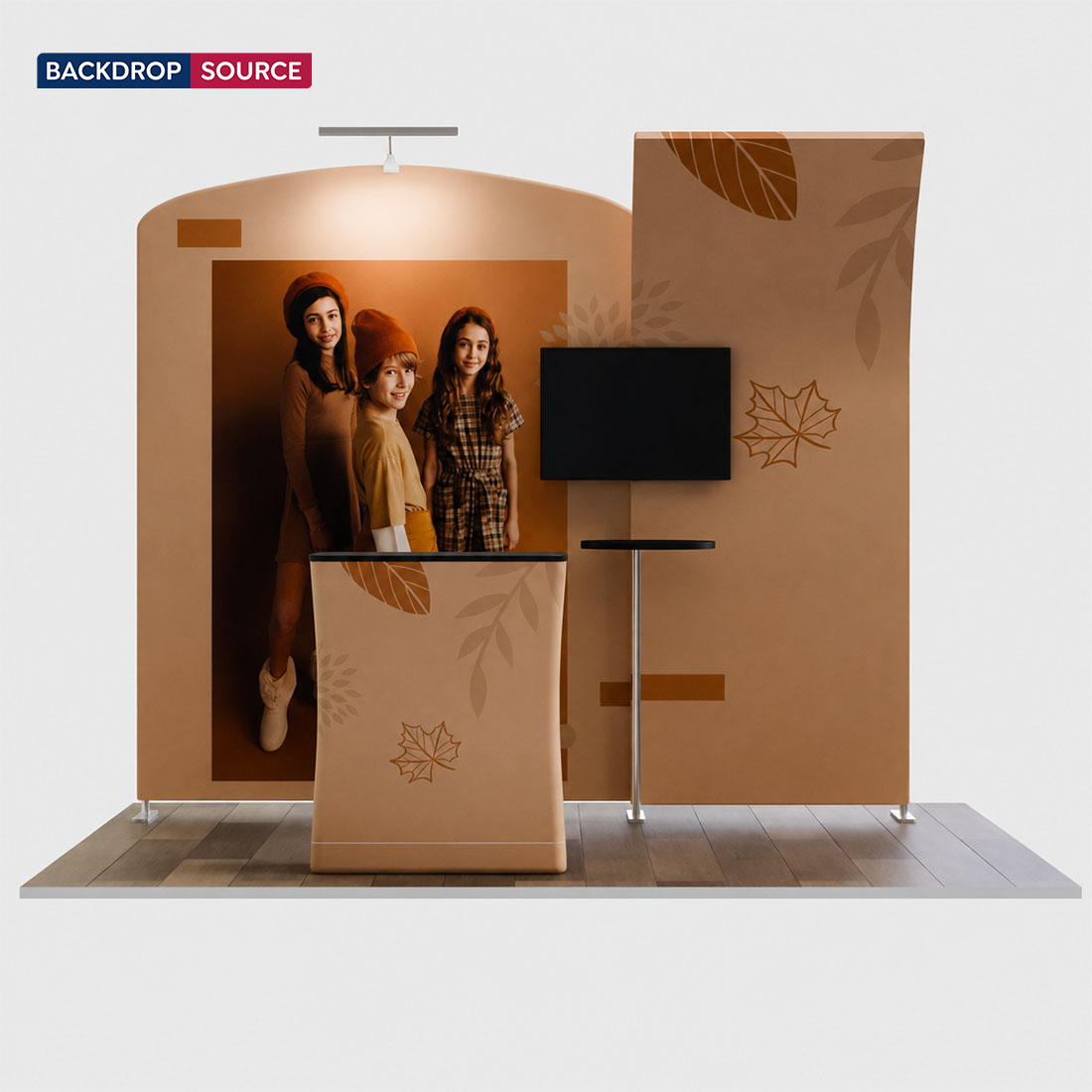 10x10 Booth Kit with Curved Wall & Sloped Arch, Counter & TV