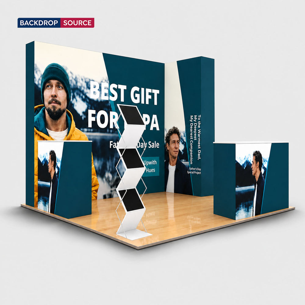 10x10 3D Media Wall Corner Booth Kit with 3 Counters