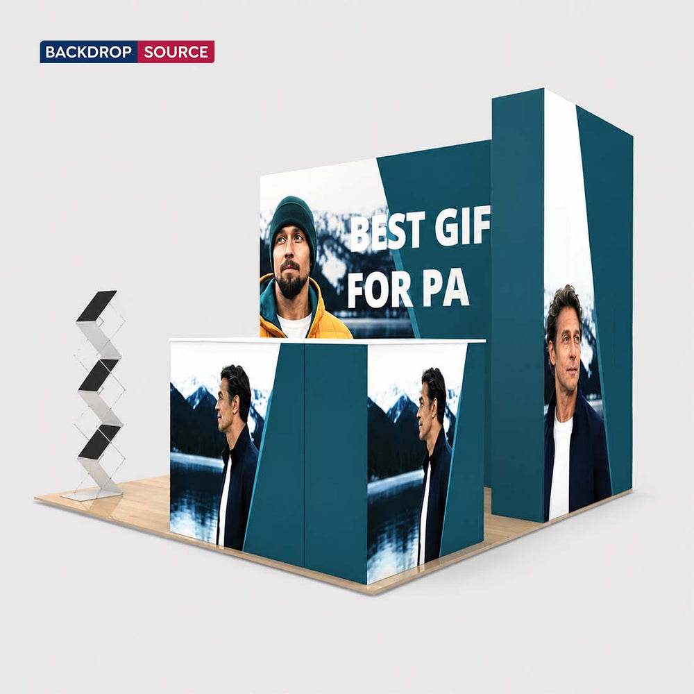 10x10 3D Media Wall Corner Booth Kit with 3 Counters