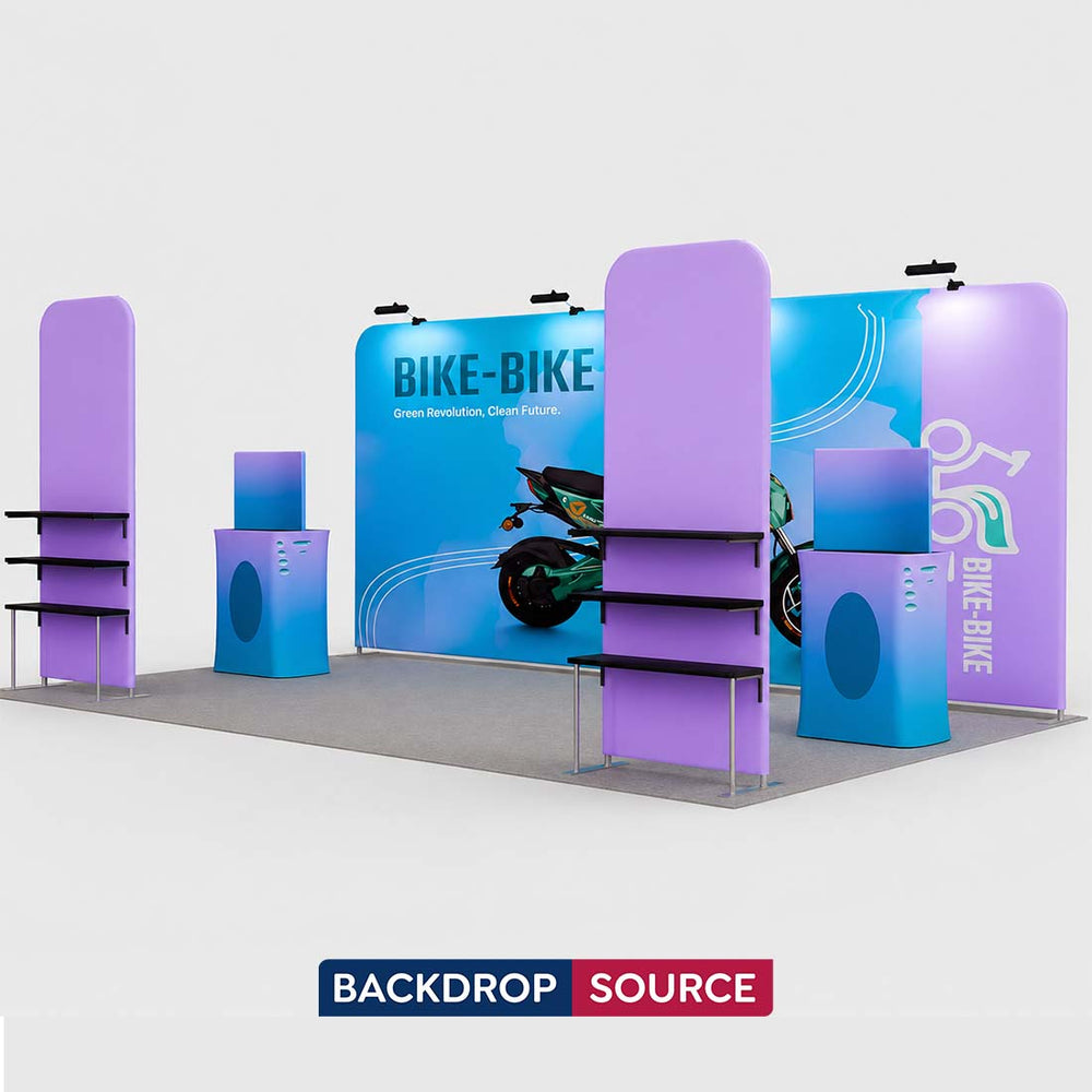 10x20 Booth Kit with Tension Walls, Shelving & 2 Counters