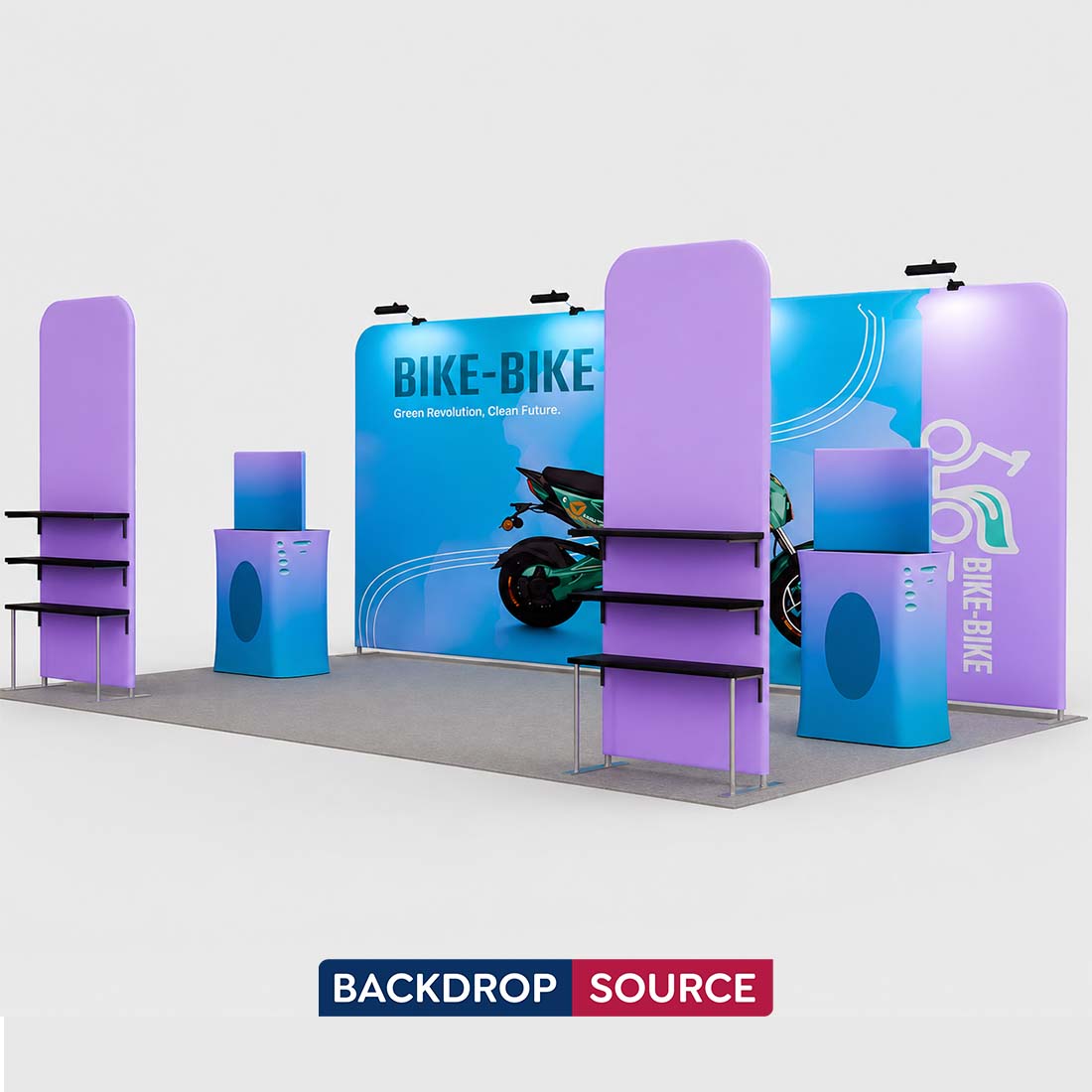 10x20 Booth Kit with Tension Walls, Shelving & 2 Counters
