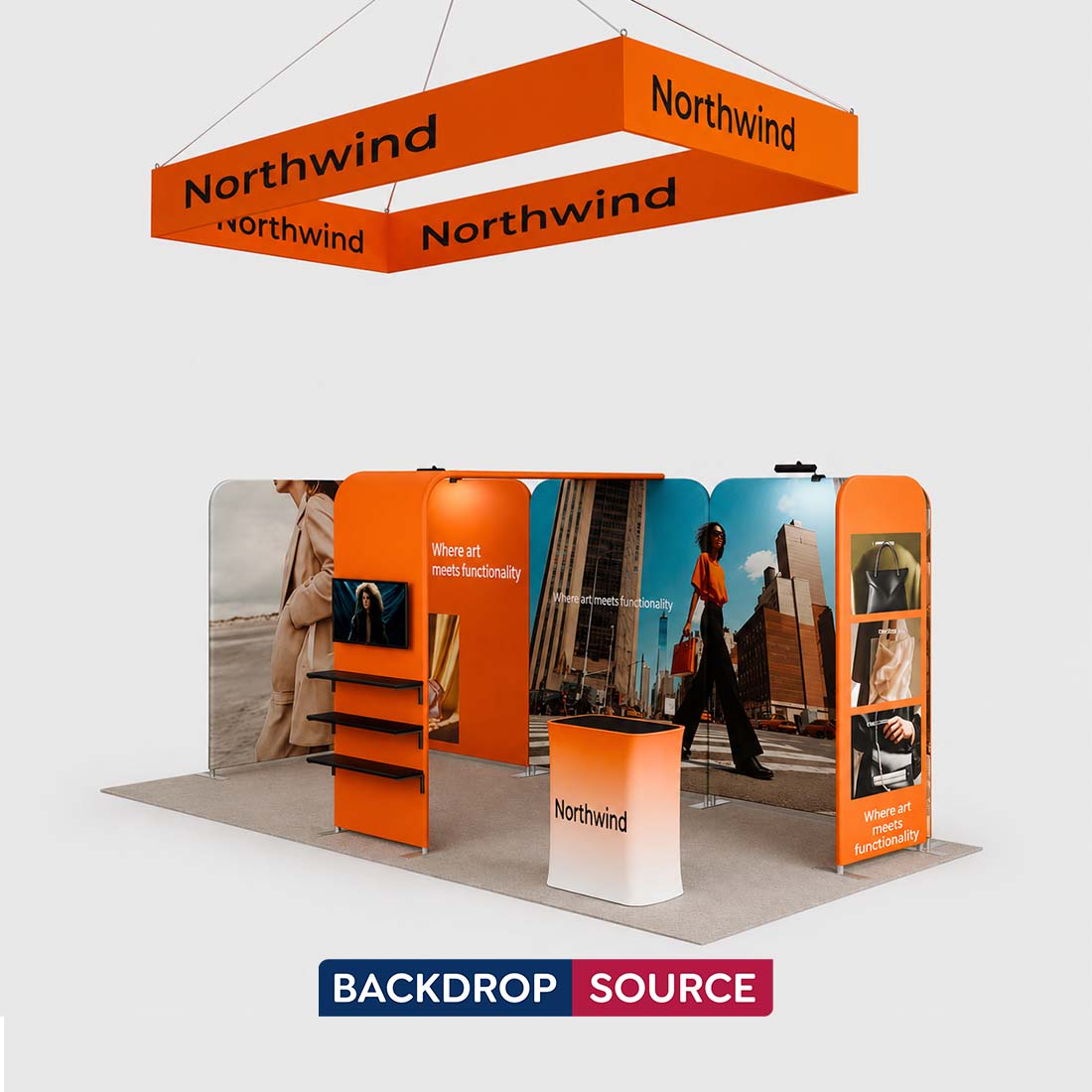 10x20 Magnetic Booth Kit with L-Shape TV Tower & Hanging Banner
