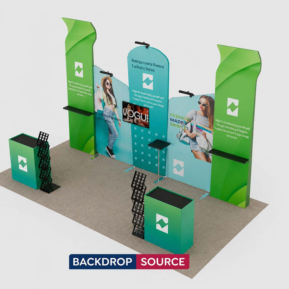 10x20 Booth Kit with Inclined Walls, 3D Shelf Stands & 2 Counters