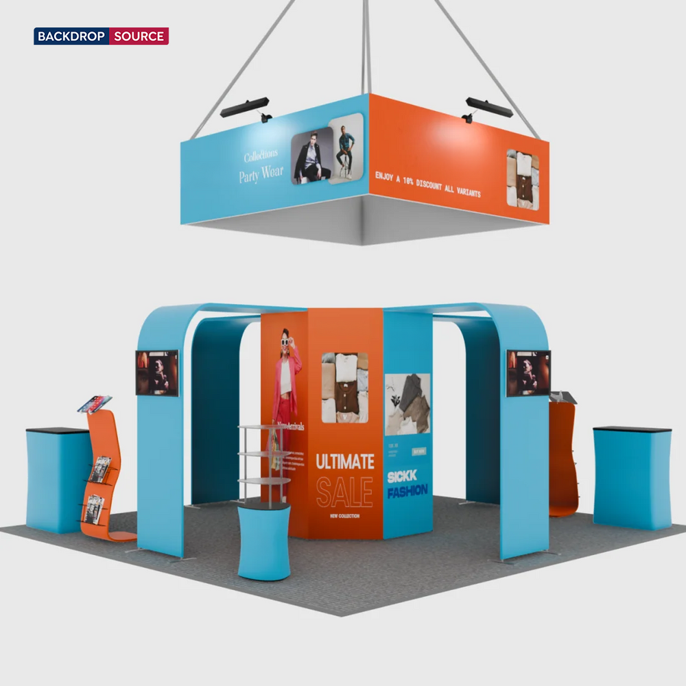 20x20 Island Booth with 8-Sided Tower, TV Arches & iPad Stands