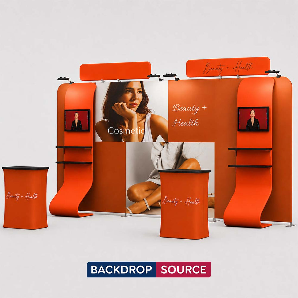 10x20 Booth Kit with 16ft Backwall, Curved TV Wall & 2 Counters