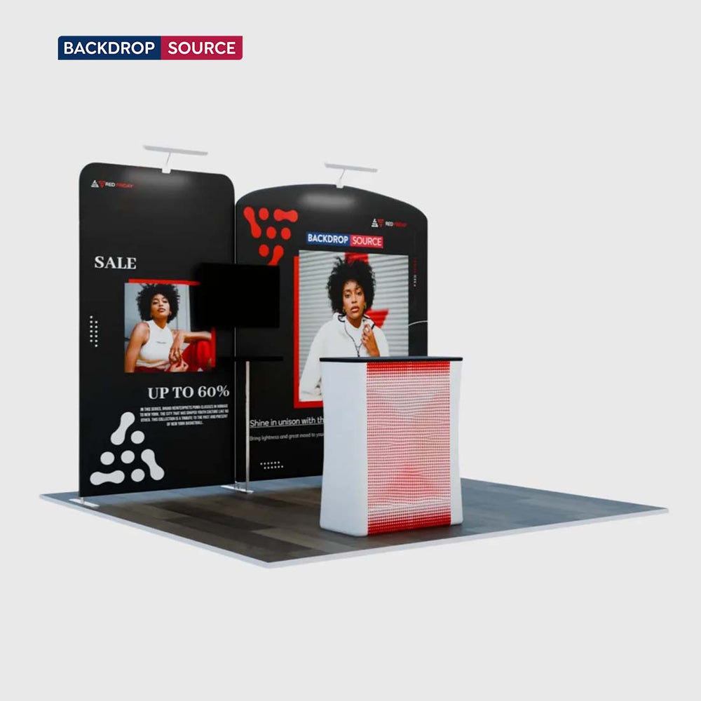 10x10 Booth Kit with Straight & Sloped Walls, Counter & TV Mount