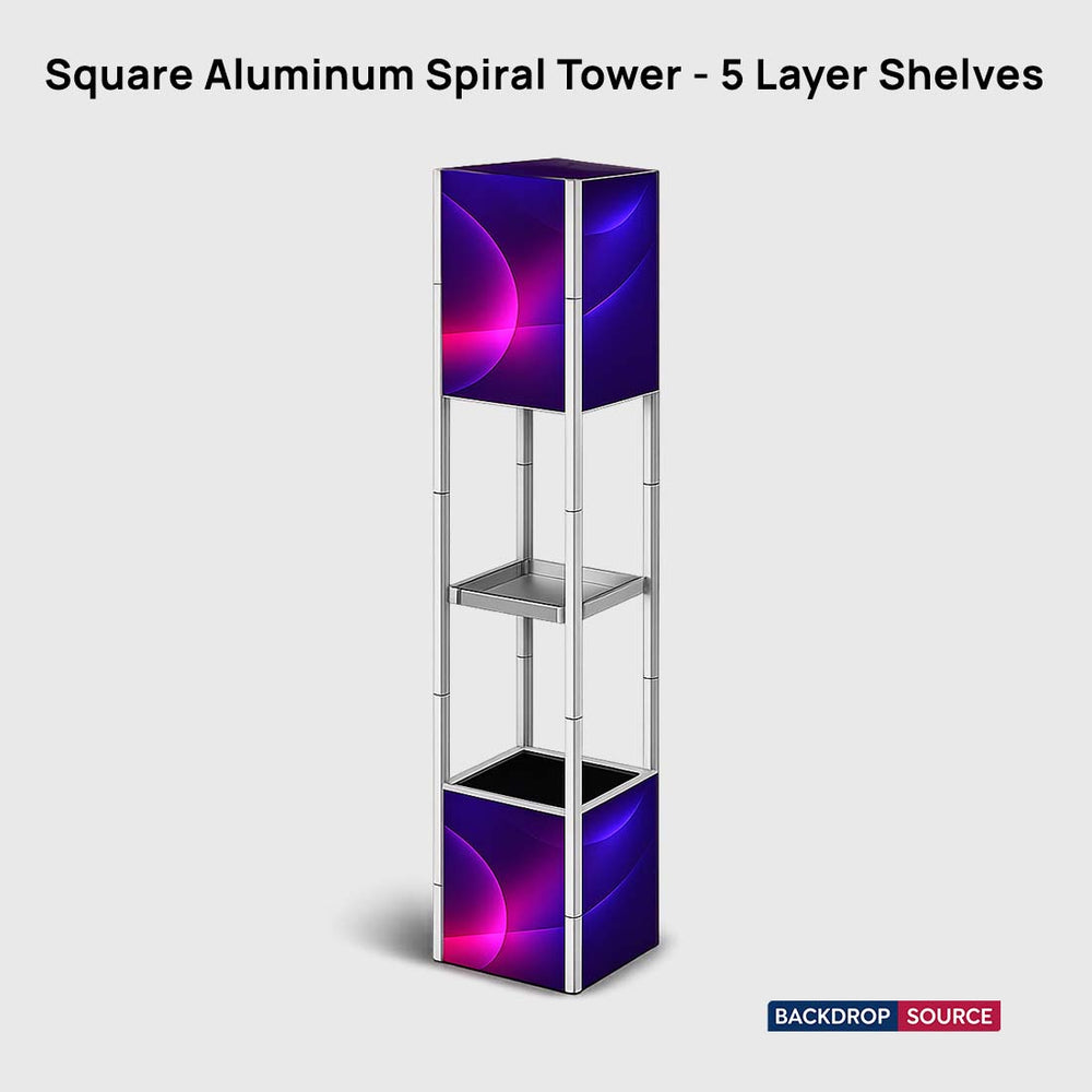 Présentoir tour spiralée portable carré en aluminium - 5 étagères 