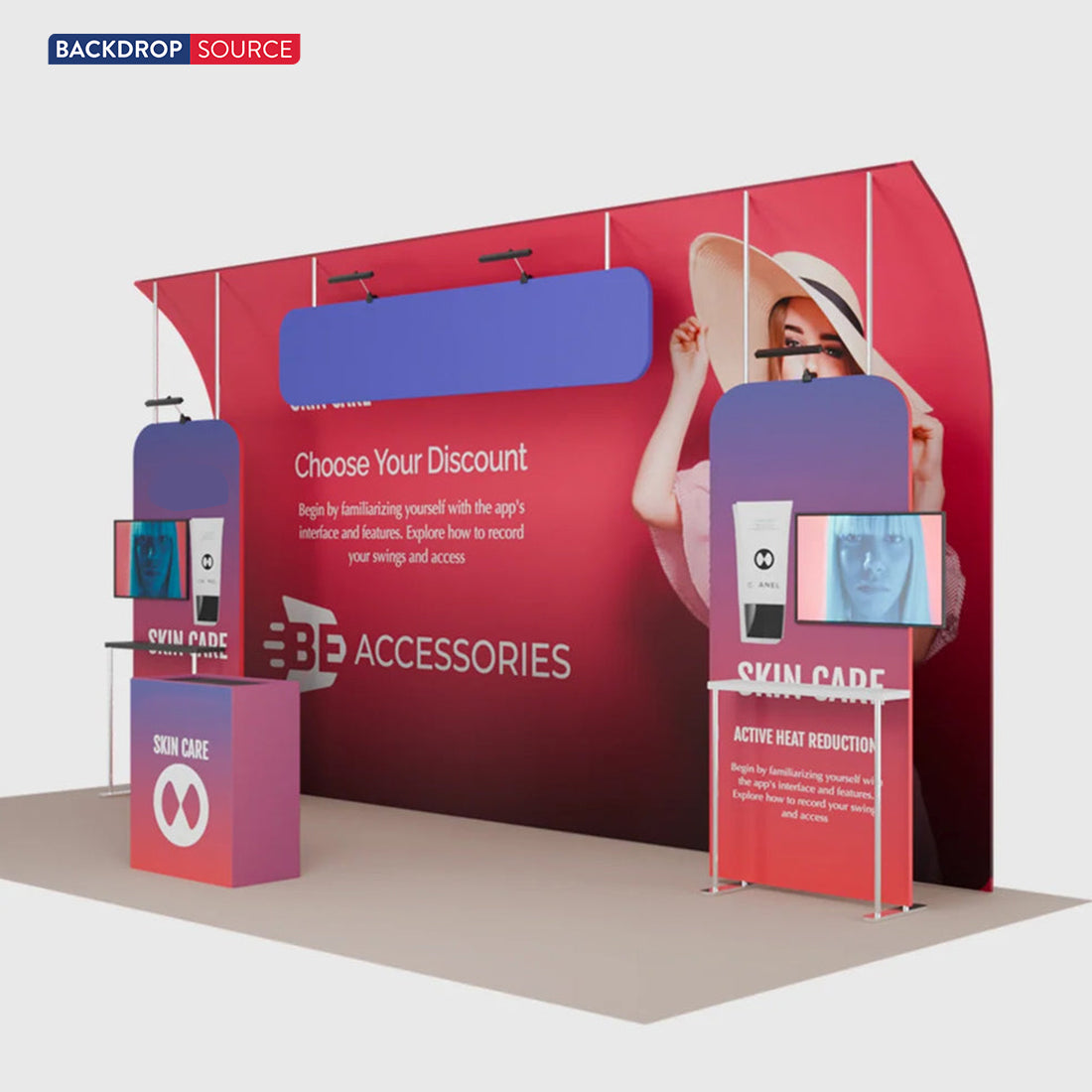 20x10 Booth Kit with Curved Towers, Shelving & Hanging Sign