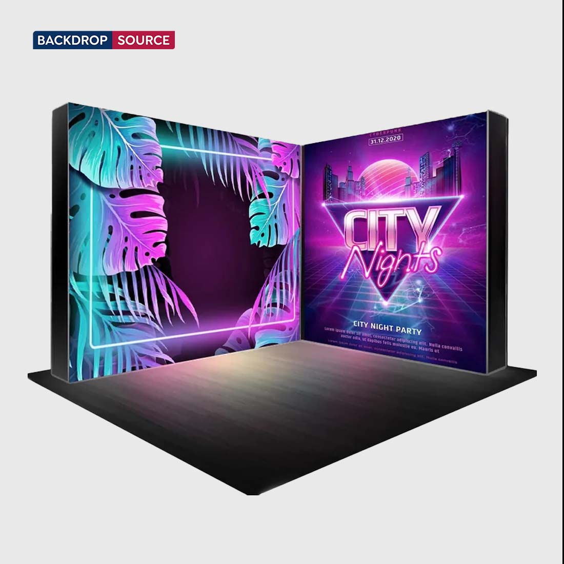 Ensemble de mur multimédia lumineux en forme de L avec comptoirs pour cabines de 3 m x 3 m. 