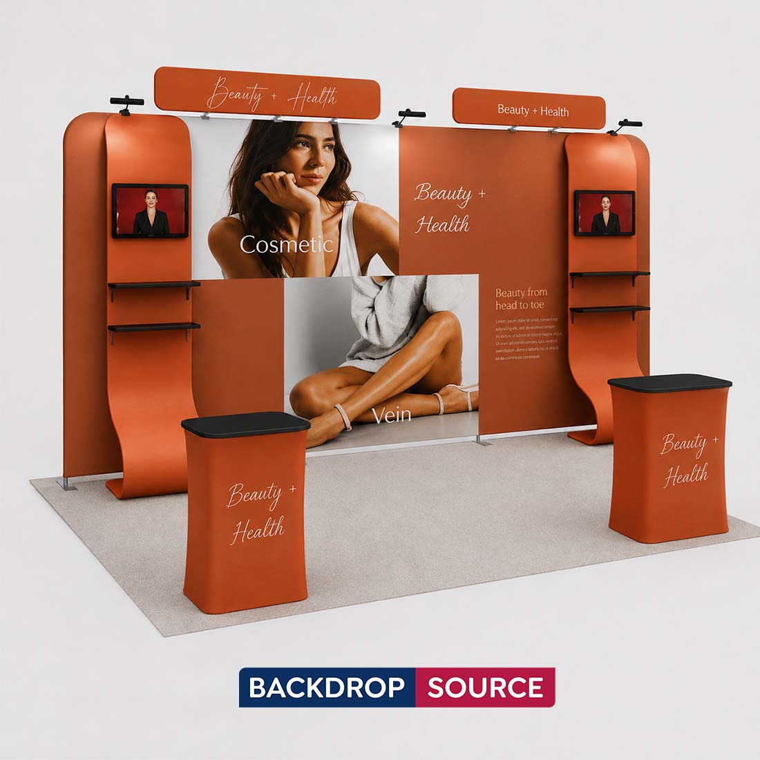 10x20 Booth Kit with 16ft Backwall, Curved TV Wall & 2 Counters