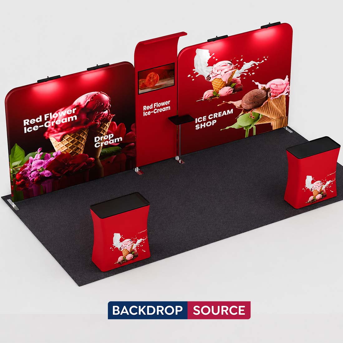 10x20 Booth Kit with 20ft Backwall, Waterfall TV Shelves & Counters