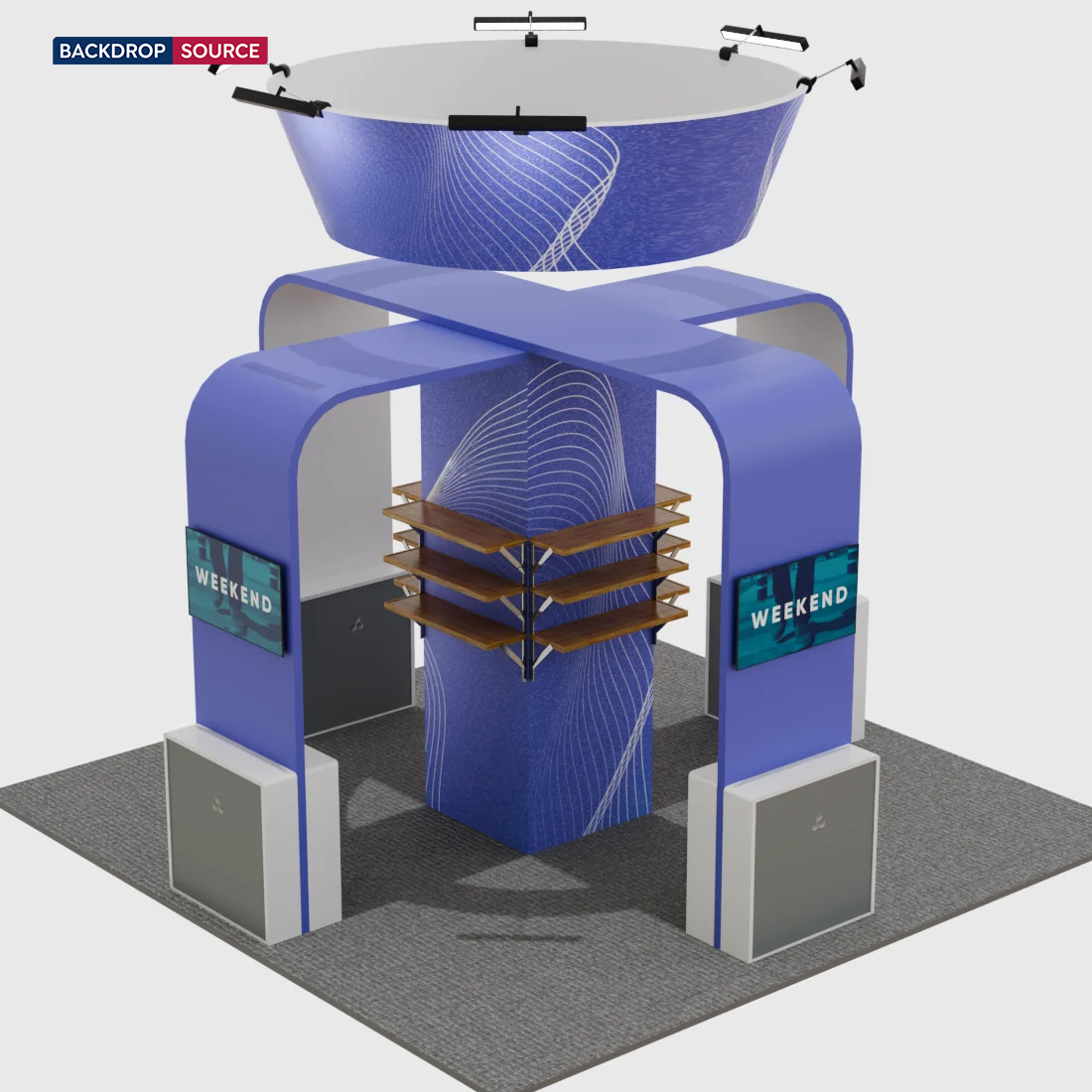 20x20 Island Booth with TV Arches, Cubic Tower & 12 Shelves